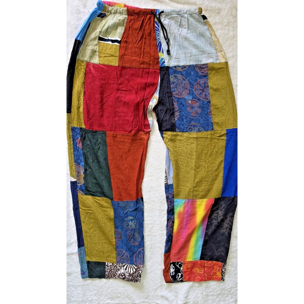 VTG Patchwork Pants Boho Hippie Festival Wide Leg Baggy Colorful Cotton M NWOT